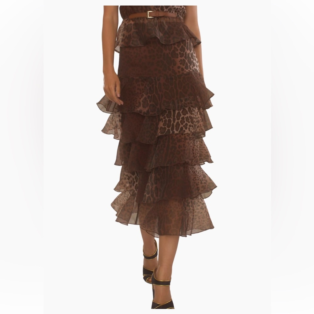 Cynthia Rowley 100% Silk Organza Ruffle Tiered Leopard Midi-Skirt 4